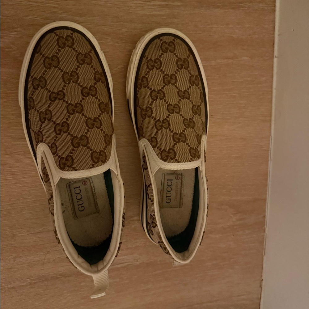 Gucci Tan Slip-On Sneakers with Logo Pattern